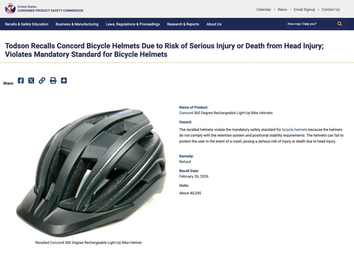 近期产品召回：美国Todson宣布召回4万顶Todson头盔