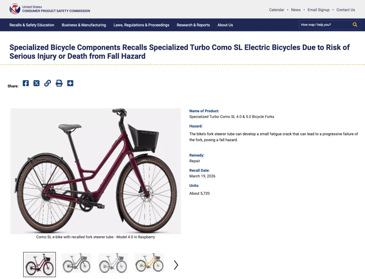 因前叉故障，Specialized召回约5720辆电动自行车